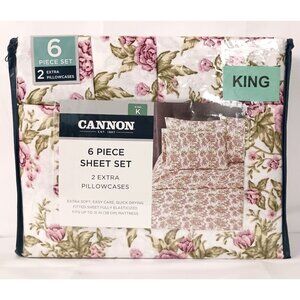 Cannon Classic King 6 Pc Sheet Set Pink Green Floral Rose Bedding NIP
